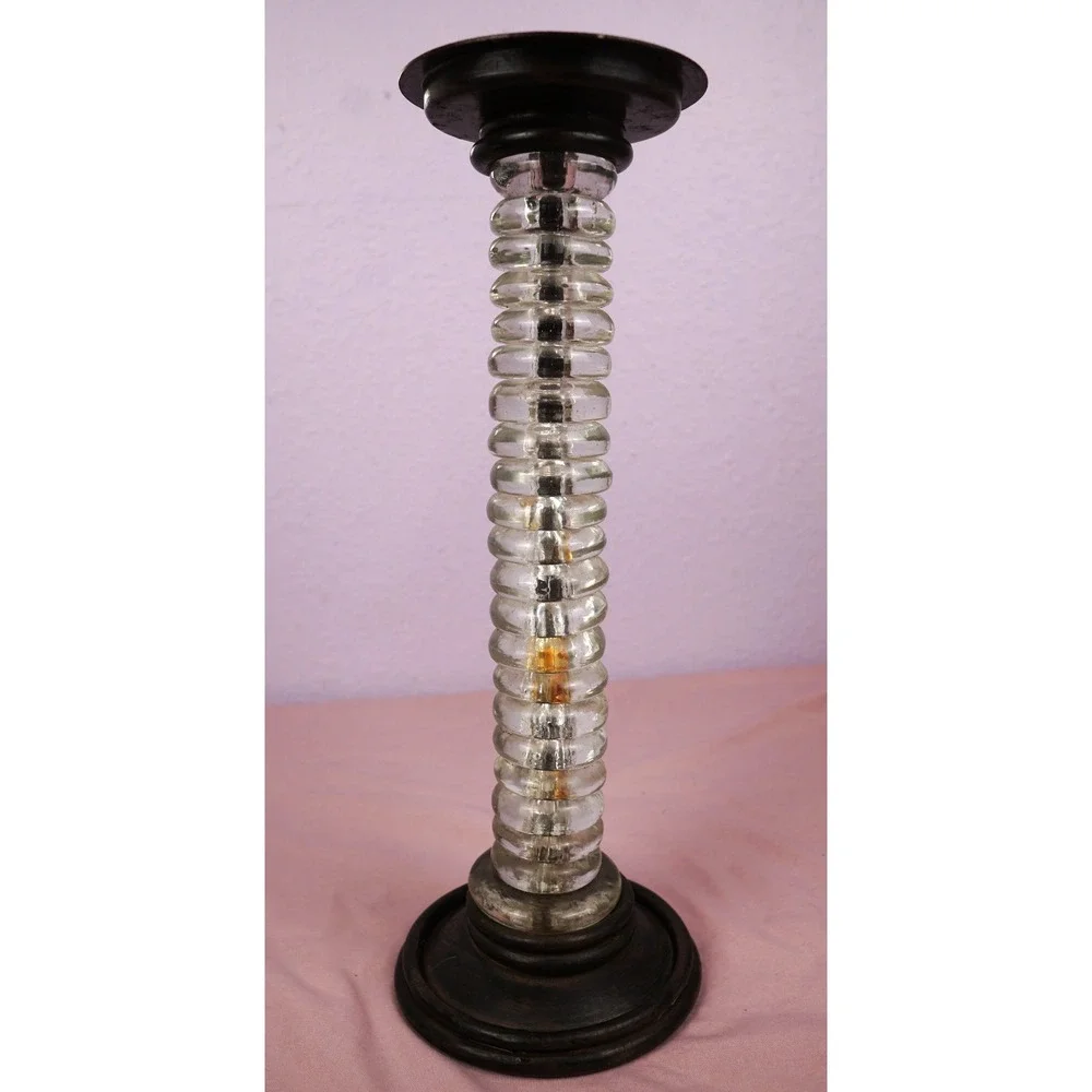 Clear Glass Beads & Dark Metal footed distressed pillar candle holder 12